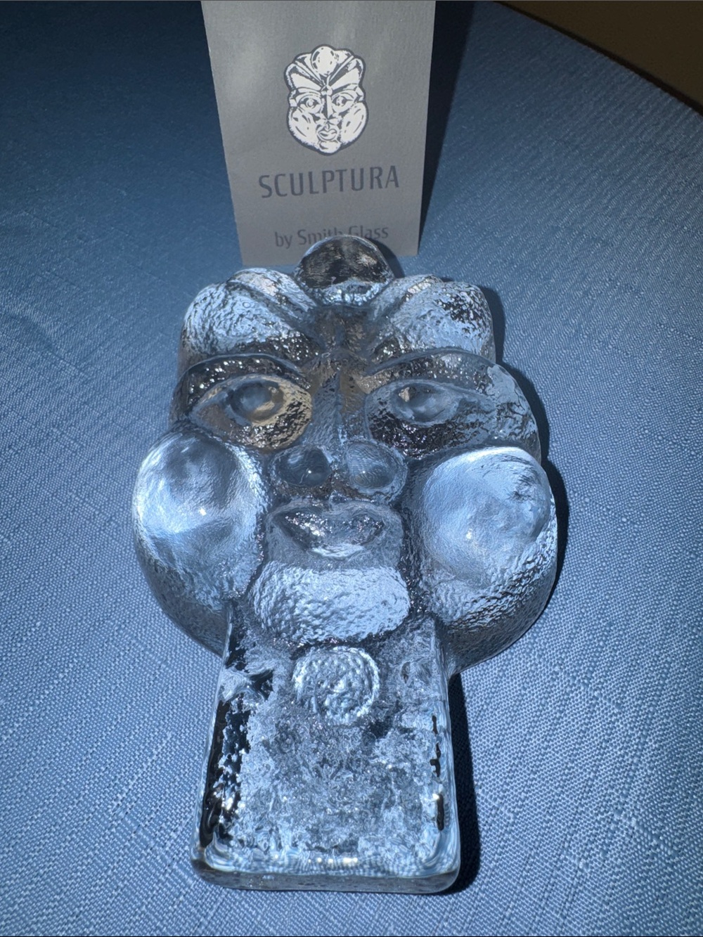 Sculptura Clear Glass Face Accent by Smith Glass original box and sticker 6”
